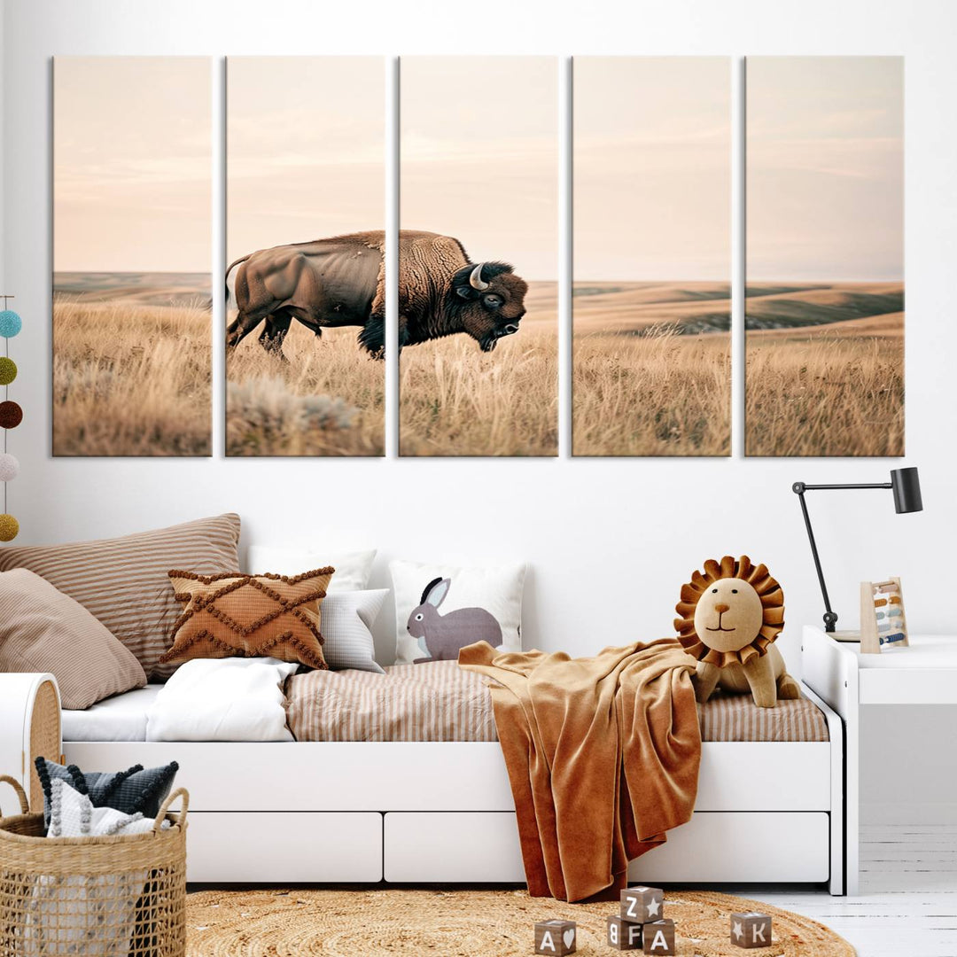 Field in American Bison Wall Art Print for Farmhouse Wall Decor, Western Canvas Print