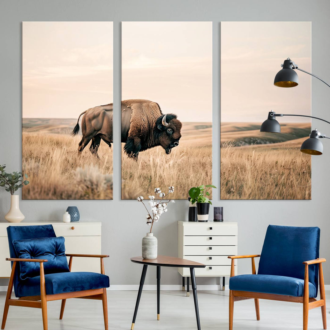 Field in American Bison Wall Art Print for Farmhouse Wall Decor, Western Canvas Print