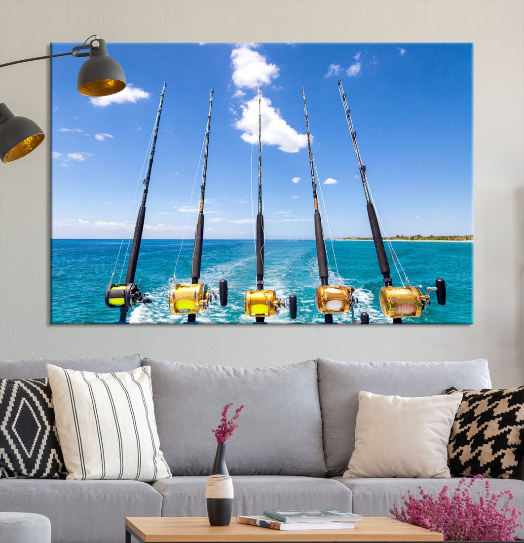 Fishing Rods on Boat Nautical Ocean Canvas Wall Art Print Seascape Art Print