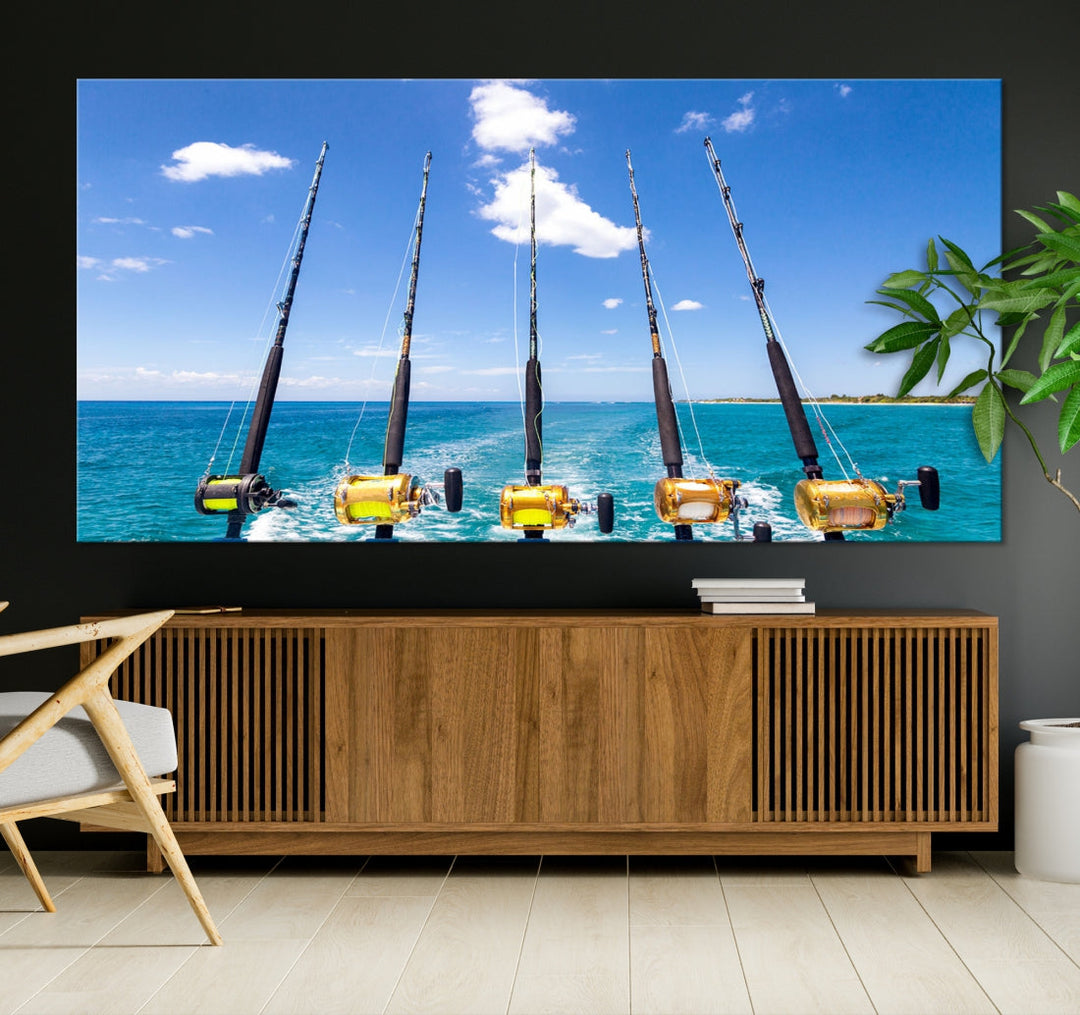 Fishing Rods on Boat Nautical Ocean Canvas Wall Art Print Seascape Art Print