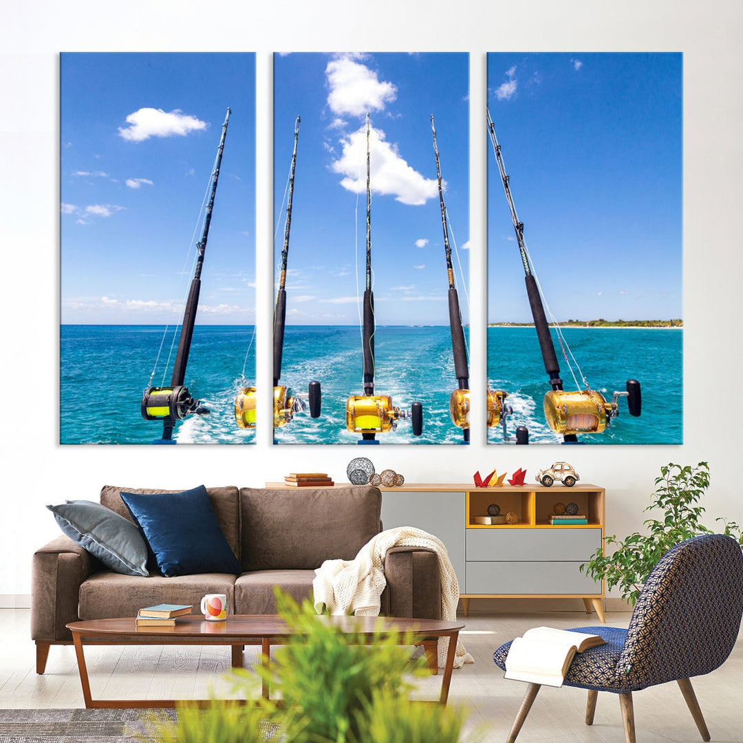 Fishing Rods on Boat Nautical Ocean Canvas Wall Art Print Seascape Art Print