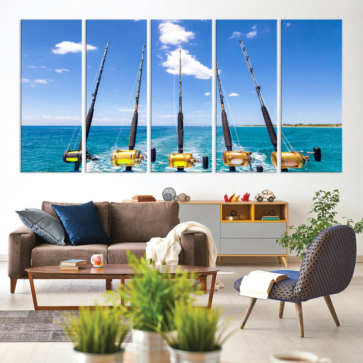 Fishing Rods on Boat Nautical Ocean Canvas Wall Art Print Seascape Art Print