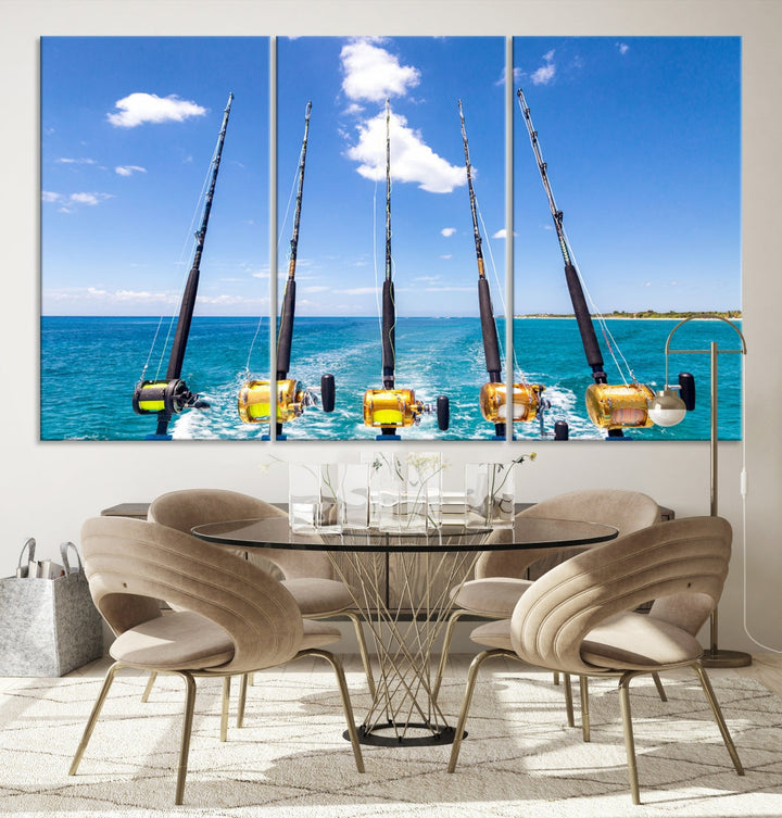 Fishing Rods on Boat Nautical Ocean Canvas Wall Art Print Seascape Art Print