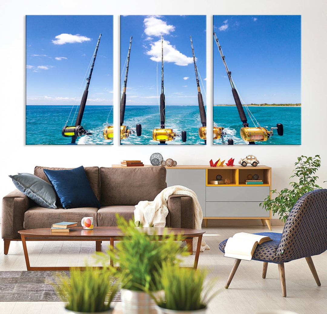 Fishing Rods on Boat Nautical Ocean Canvas Wall Art Print Seascape Art Print