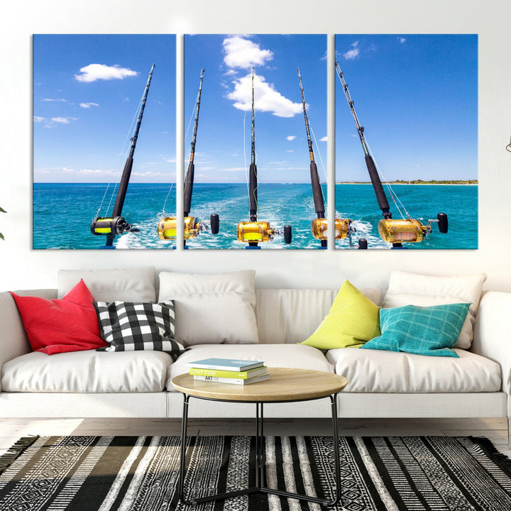 Fishing Rods on Boat Nautical Ocean Canvas Wall Art Print Seascape Art Print