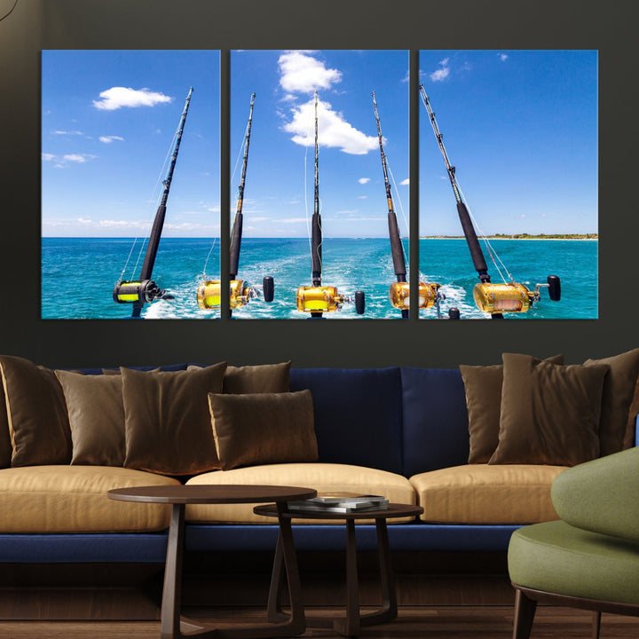 Fishing Rods on Boat Nautical Ocean Canvas Wall Art Print Seascape Art Print