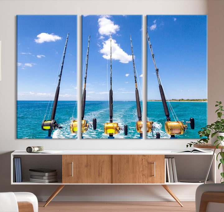 Fishing Rods on Boat Nautical Ocean Canvas Wall Art Print Seascape Art Print