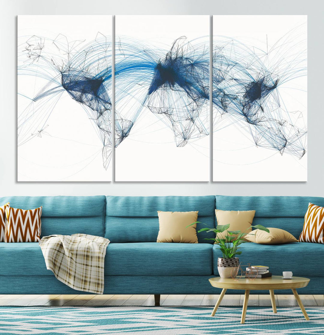 Flight Routes World Map wall art canvas Flight Map art Air Traffic Aviation Map Large canvas art