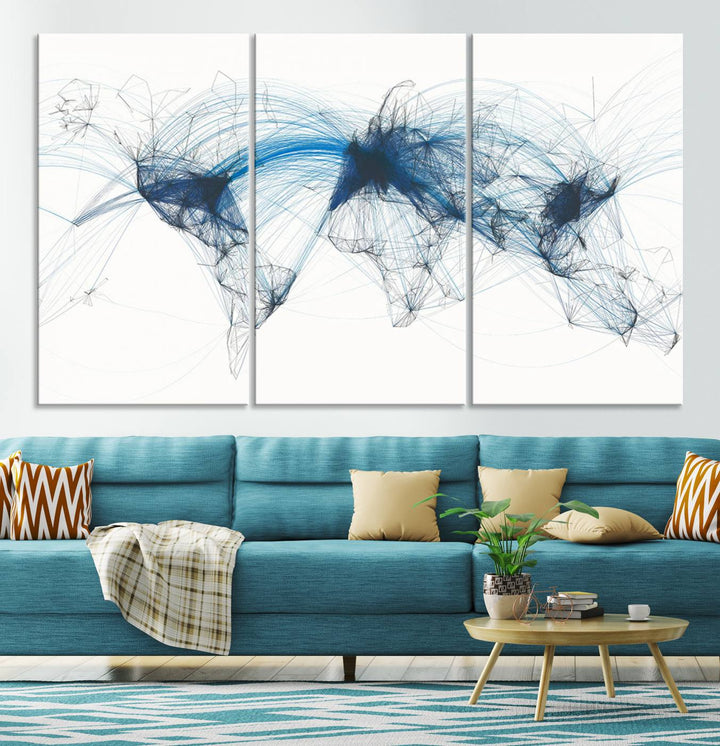 Flight Routes World Map wall art canvas Flight Map art Air Traffic Aviation Map Large canvas art