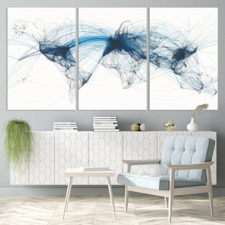 Flight Routes World Map wall art canvas Flight Map art Air Traffic Aviation Map Large canvas art