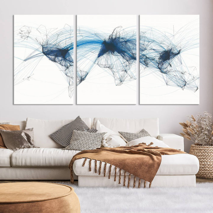 Flight Routes World Map wall art canvas Flight Map art Air Traffic Aviation Map Large canvas art