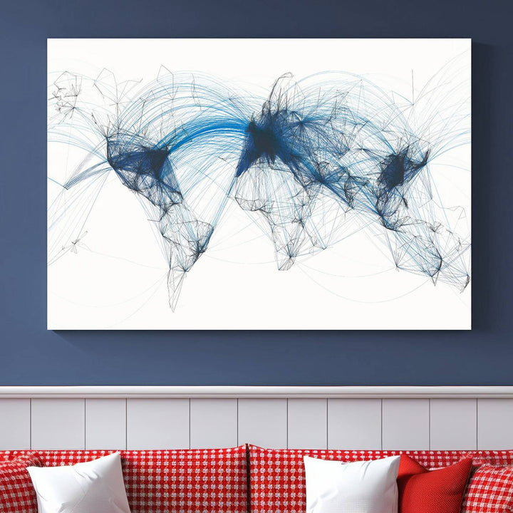 Flight Routes World Map wall art canvas Flight Map art Air Traffic Aviation Map Large canvas art