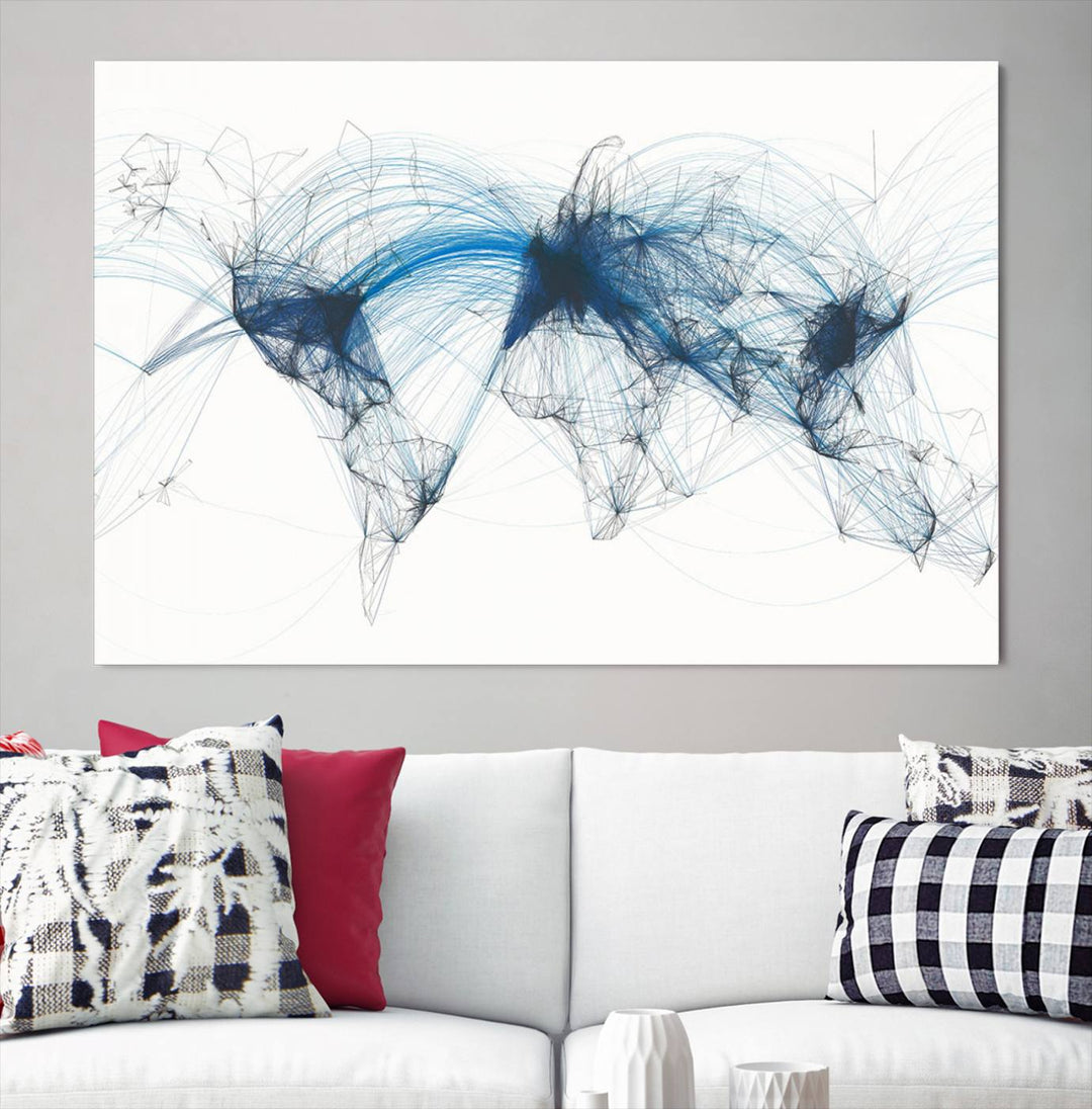 Flight Routes World Map wall art canvas Flight Map art Air Traffic Aviation Map Large canvas art