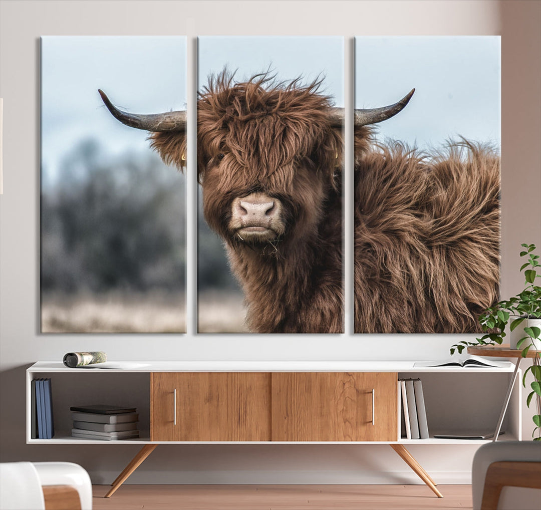 Fluffy Highland Cow Large Wall Art Canvas Print Photo Art Cute Animals Picture Wall Decor Artwork for Living Room Farmhouse Kitchen Printable Multi Panel Canvas Art Housewarming Gift