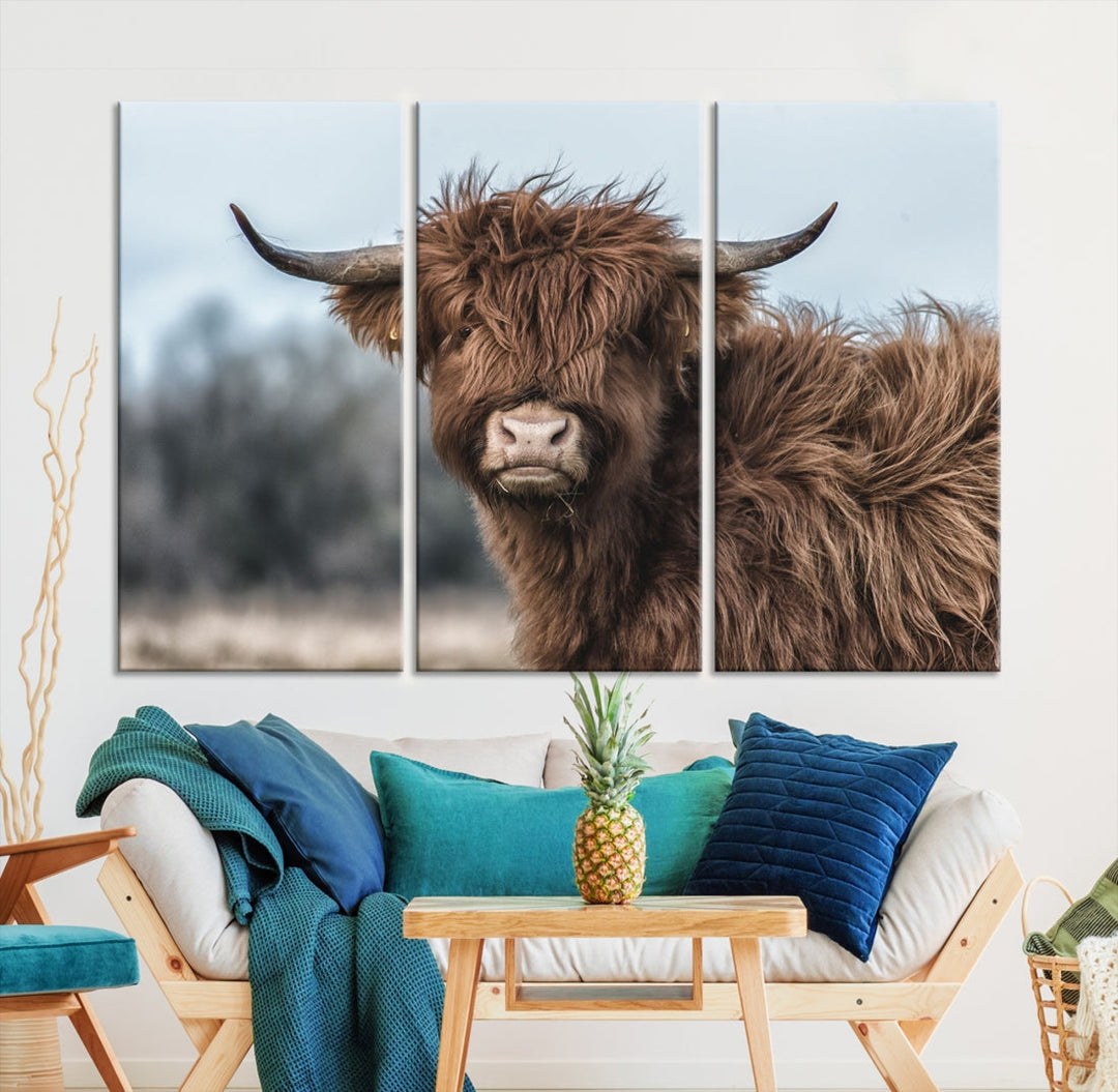 Fluffy Highland Cow Large Wall Art Canvas Print Photo Art Cute Animals Picture Wall Decor Artwork for Living Room Farmhouse Kitchen Printable Multi Panel Canvas Art Housewarming Gift