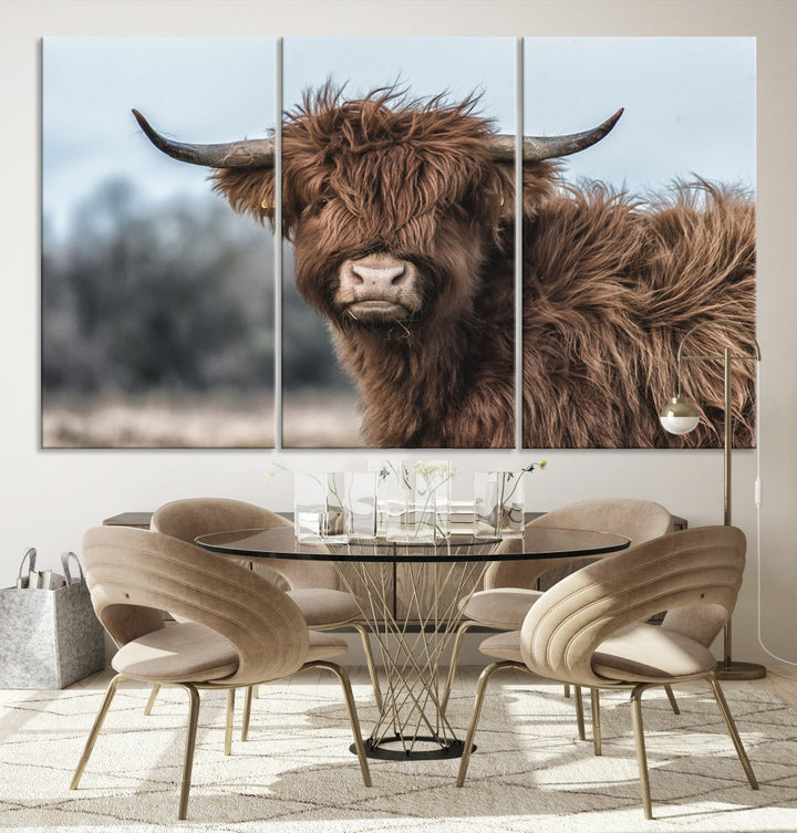 Fluffy Highland Cow Large Wall Art Canvas Print Photo Art Cute Animals Picture Wall Decor Artwork for Living Room Farmhouse Kitchen Printable Multi Panel Canvas Art Housewarming Gift