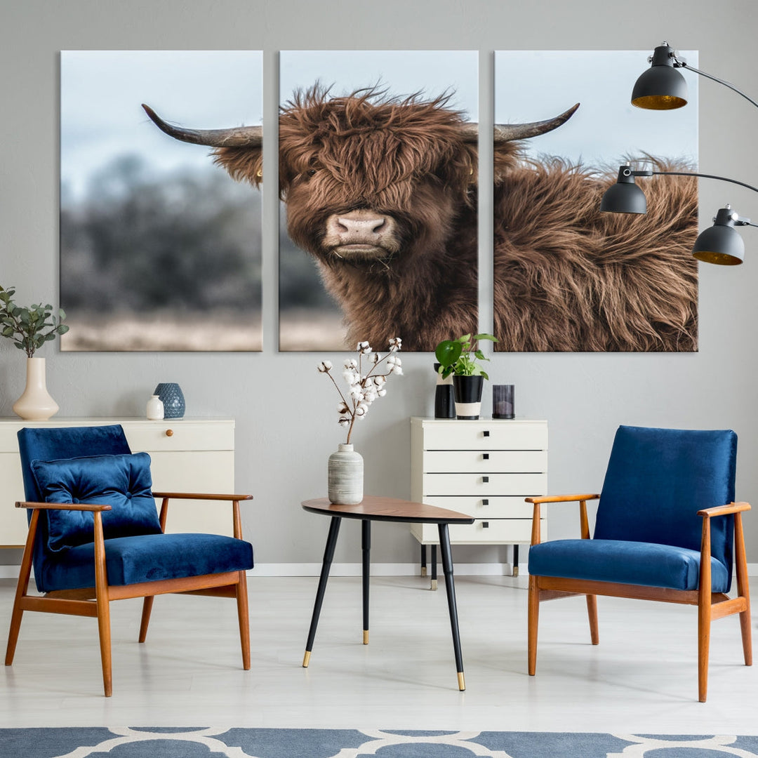 Fluffy Highland Cow Large Wall Art Canvas Print Photo Art Cute Animals Picture Wall Decor Artwork for Living Room Farmhouse Kitchen Printable Multi Panel Canvas Art Housewarming Gift