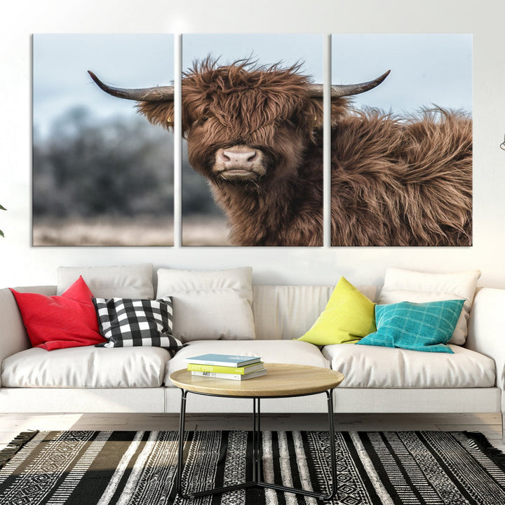 Fluffy Highland Cow Large Wall Art Canvas Print Photo Art Cute Animals Picture Wall Decor Artwork for Living Room Farmhouse Kitchen Printable Multi Panel Canvas Art Housewarming Gift