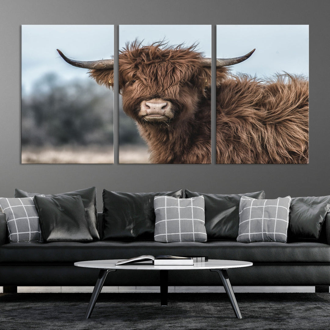 Fluffy Highland Cow Large Wall Art Canvas Print Photo Art Cute Animals Picture Wall Decor Artwork for Living Room Farmhouse Kitchen Printable Multi Panel Canvas Art Housewarming Gift