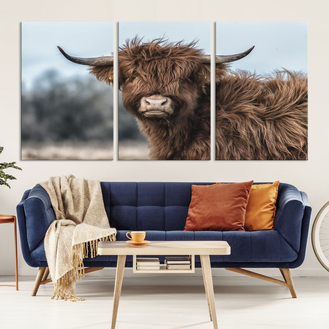 Fluffy Highland Cow Large Wall Art Canvas Print Photo Art Cute Animals Picture Wall Decor Artwork for Living Room Farmhouse Kitchen Printable Multi Panel Canvas Art Housewarming Gift