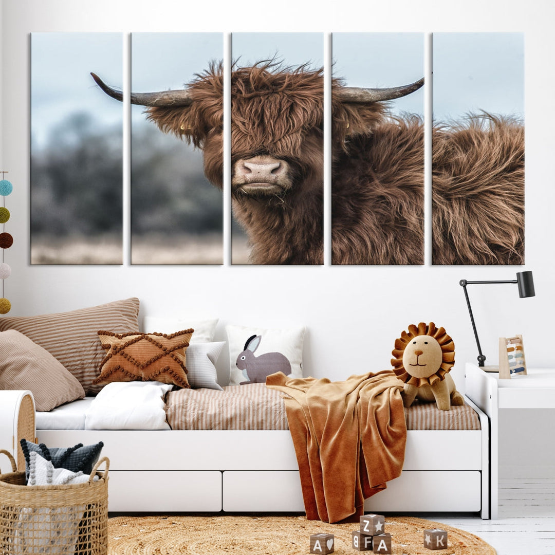 Fluffy Highland Cow Large Wall Art Canvas Print Photo Art Cute Animals Picture Wall Decor Artwork for Living Room Farmhouse Kitchen Printable Multi Panel Canvas Art Housewarming Gift