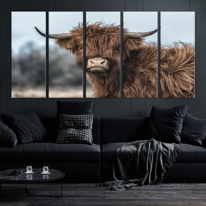 Fluffy Highland Cow Large Wall Art Canvas Print Photo Art Cute Animals Picture Wall Decor Artwork for Living Room Farmhouse Kitchen Printable Multi Panel Canvas Art Housewarming Gift