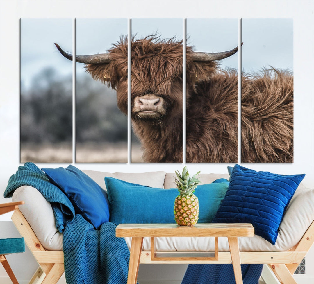 Fluffy Highland Cow Large Wall Art Canvas Print Photo Art Cute Animals Picture Wall Decor Artwork for Living Room Farmhouse Kitchen Printable Multi Panel Canvas Art Housewarming Gift