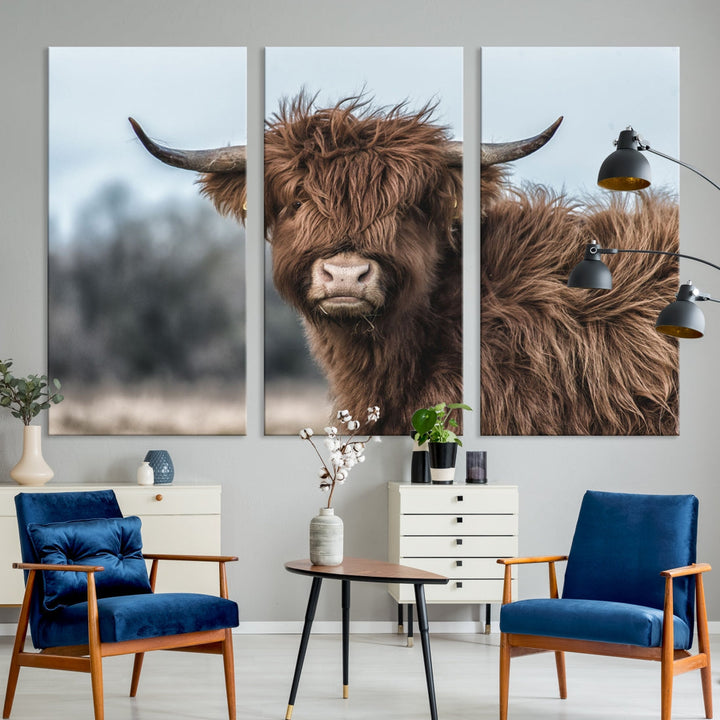 Fluffy Highland Cow Large Wall Art Canvas Print Photo Art Cute Animals Picture Wall Decor Artwork for Living Room Farmhouse Kitchen Printable Multi Panel Canvas Art Housewarming Gift