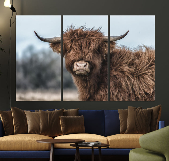 Fluffy Highland Cow Large Wall Art Canvas Print Photo Art Cute Animals Picture Wall Decor Artwork for Living Room Farmhouse Kitchen Printable Multi Panel Canvas Art Housewarming Gift