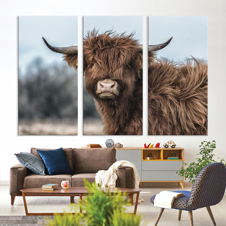 Fluffy Highland Cow Large Wall Art Canvas Print Photo Art Cute Animals Picture Wall Decor Artwork for Living Room Farmhouse Kitchen Printable Multi Panel Canvas Art Housewarming Gift