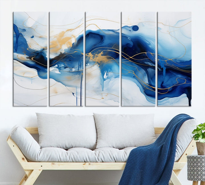 Fluid Abstract Blue Painting Canvas Print Large Wall Art Gold Marble Print Wall Decor