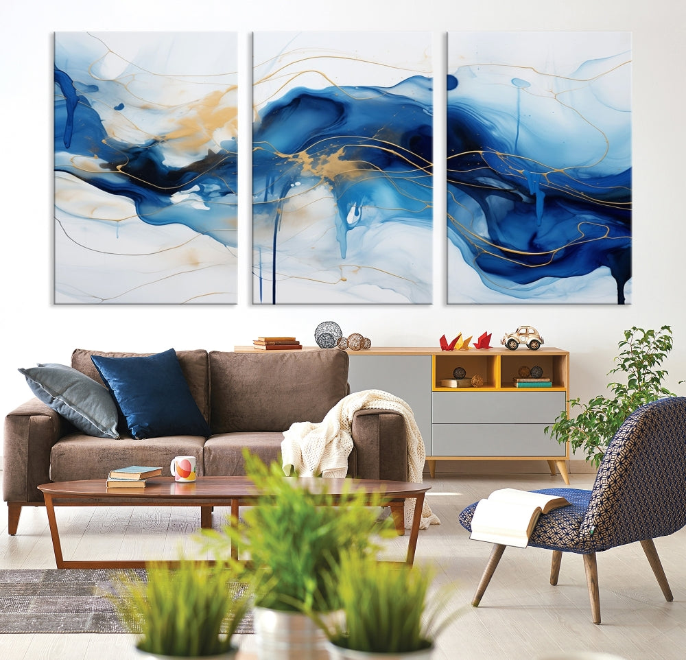 Fluid Abstract Blue Painting Canvas Print Large Wall Art Gold Marble Print Wall Decor