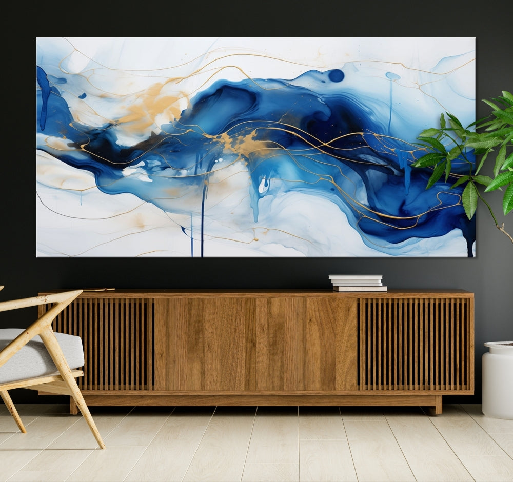 Fluid Abstract Blue Painting Canvas Print Large Wall Art Gold Marble Print Wall Decor