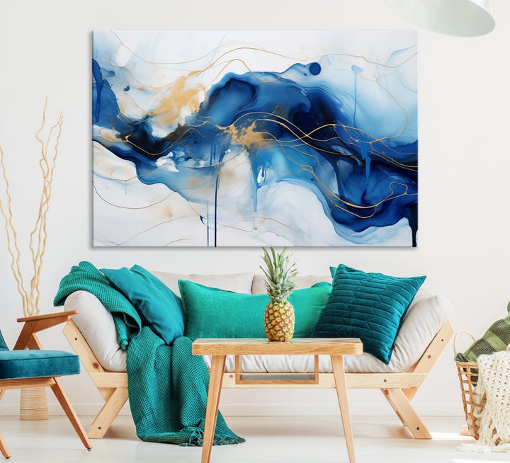 Fluid Abstract Blue Painting Canvas Print Large Wall Art Gold Marble Print Wall Decor