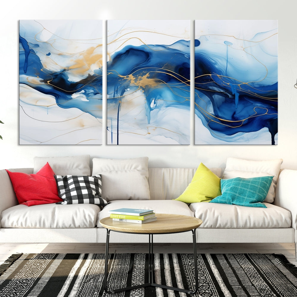 Fluid Abstract Blue Painting Canvas Print Large Wall Art Gold Marble Print Wall Decor