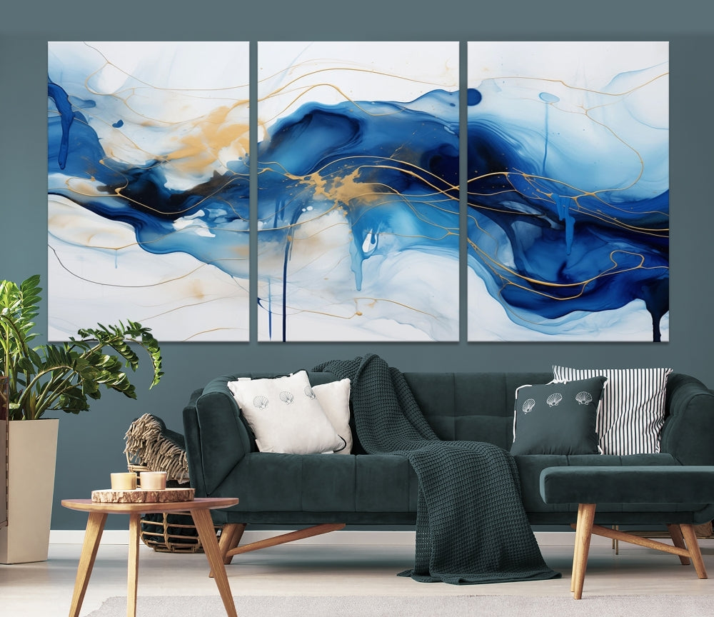 Fluid Abstract Blue Painting Canvas Print Large Wall Art Gold Marble Print Wall Decor