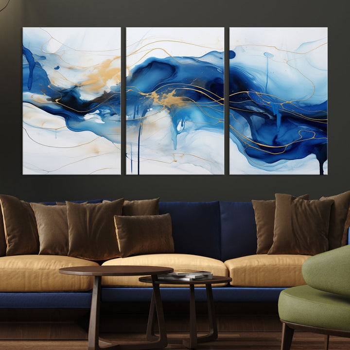 Fluid Abstract Blue Painting Canvas Print Large Wall Art Gold Marble Print Wall Decor