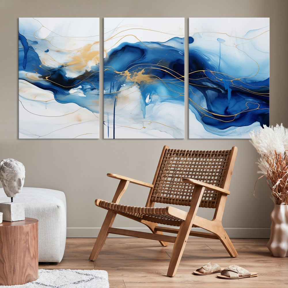 Fluid Abstract Blue Painting Canvas Print Large Wall Art Gold Marble Print Wall Decor