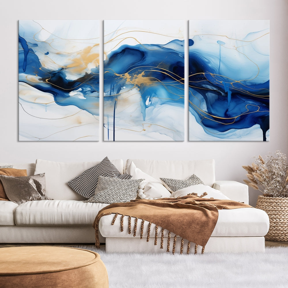 Fluid Abstract Blue Painting Canvas Print Large Wall Art Gold Marble Print Wall Decor