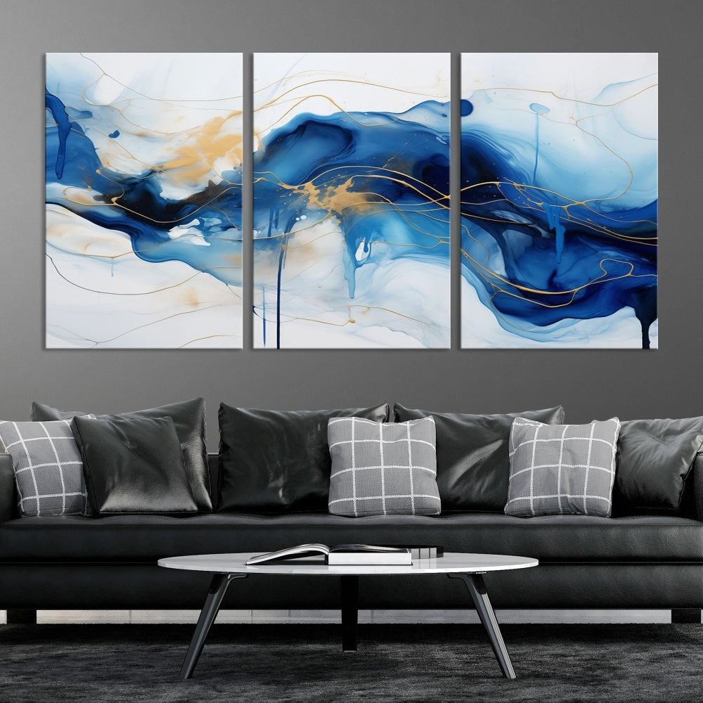 Fluid Abstract Blue Painting Canvas Print Large Wall Art Gold Marble Print Wall Decor