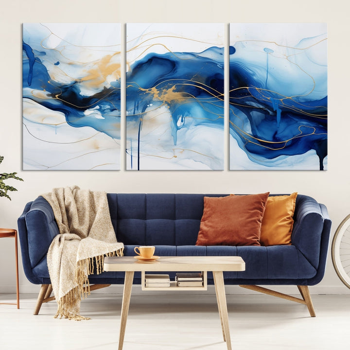 Fluid Abstract Blue Painting Canvas Print Large Wall Art Gold Marble Print Wall Decor