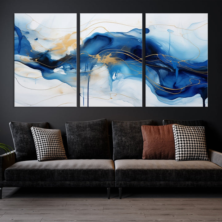 Fluid Abstract Blue Painting Canvas Print Large Wall Art Gold Marble Print Wall Decor