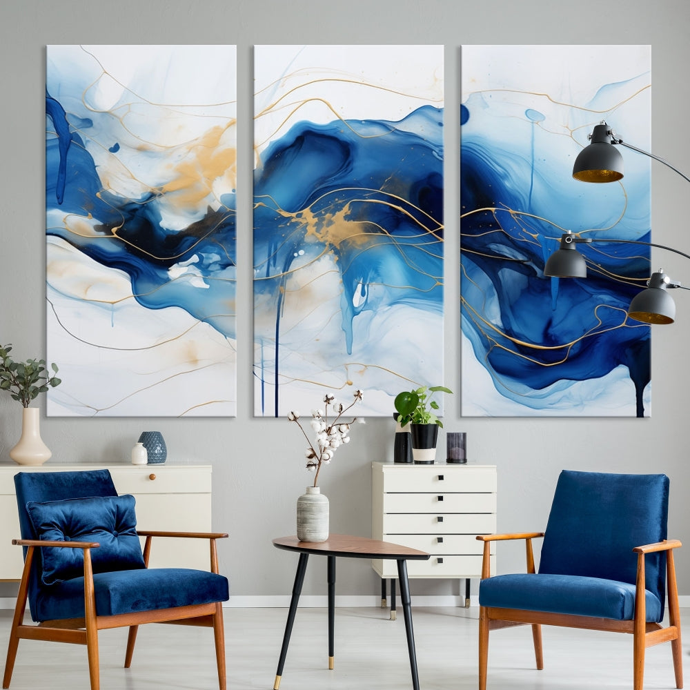 Fluid Abstract Blue Painting Canvas Print Large Wall Art Gold Marble Print Wall Decor