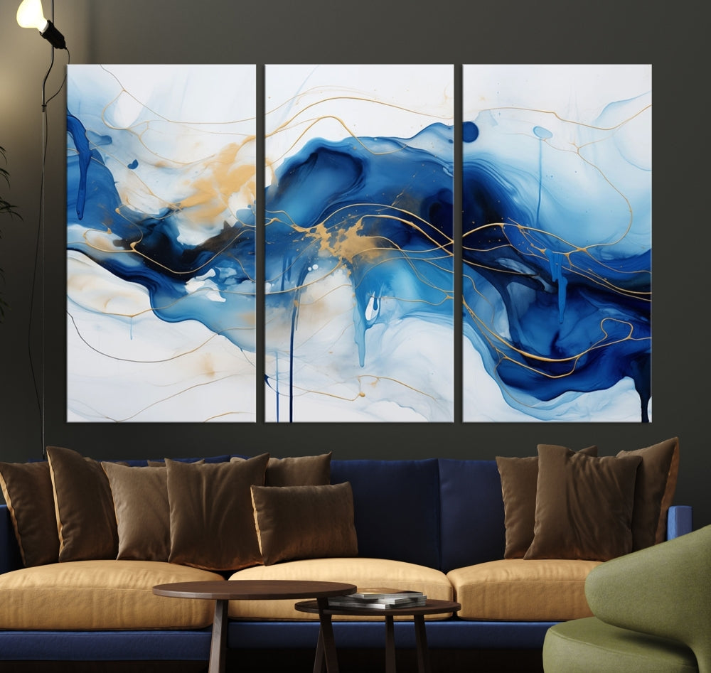 Fluid Abstract Blue Painting Canvas Print Large Wall Art Gold Marble Print Wall Decor