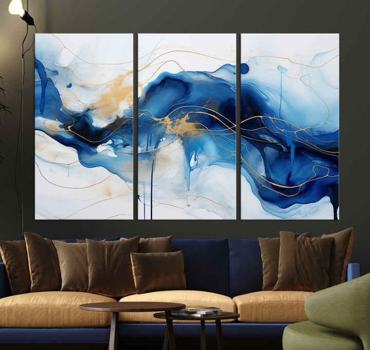 Fluid Abstract Blue Painting Canvas Print Large Wall Art Gold Marble Print Wall Decor