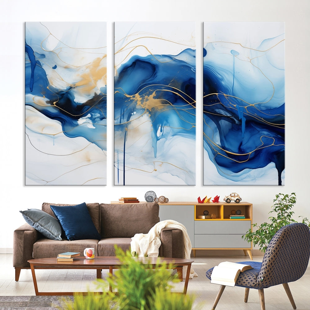 Fluid Abstract Blue Painting Canvas Print Large Wall Art Gold Marble Print Wall Decor