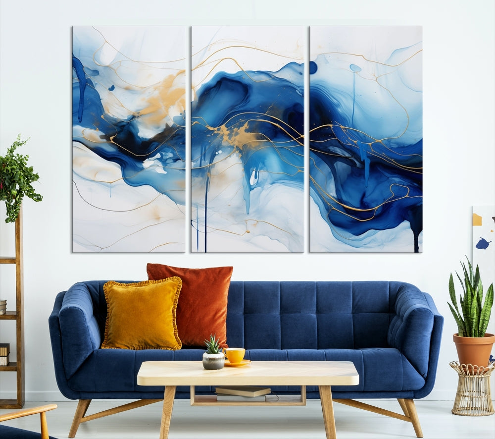 Fluid Abstract Blue Painting Canvas Print Large Wall Art Gold Marble Print Wall Decor