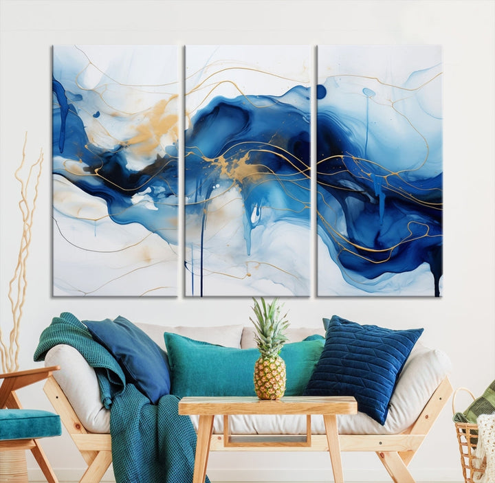 Fluid Abstract Blue Painting Canvas Print Large Wall Art Gold Marble Print Wall Decor