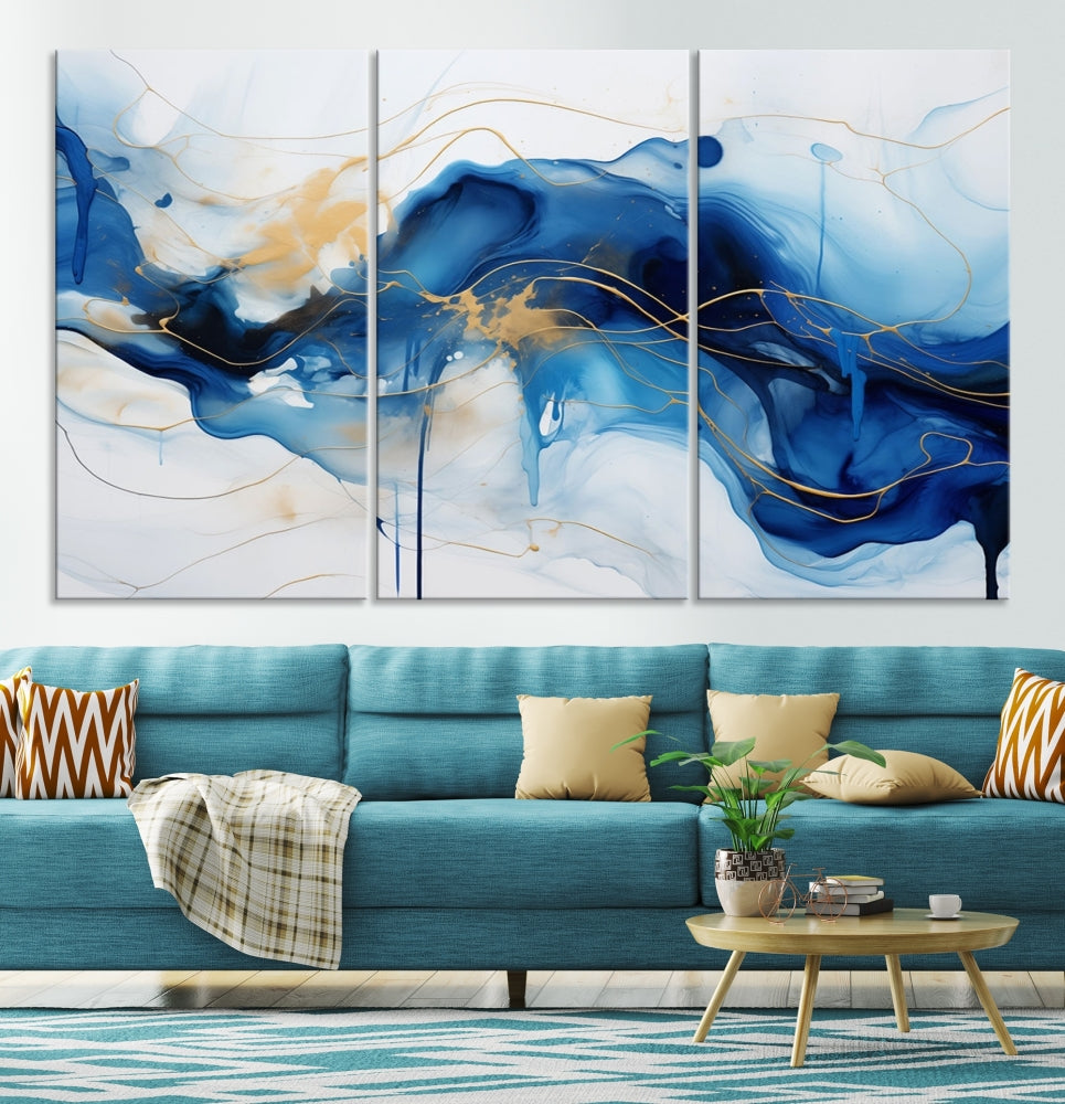 Fluid Abstract Blue Painting Canvas Print Large Wall Art Gold Marble Print Wall Decor