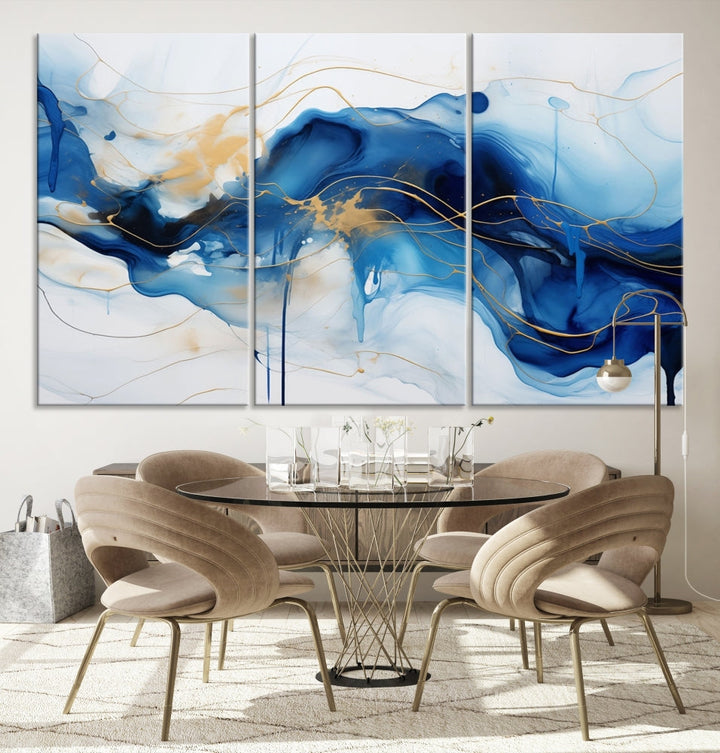 Fluid Abstract Blue Painting Canvas Print Large Wall Art Gold Marble Print Wall Decor